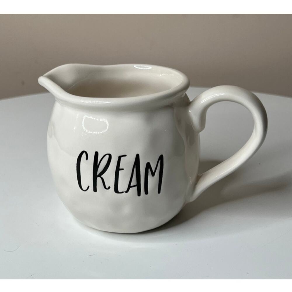 White Ceramic CREAMER Pitcher Farmhouse Style Black Large Letters CREAM